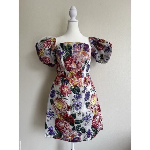 Marchesa Notte Floral Puff Sleeve Fil Coupé Cocktail Dress Size 2 - Picture 3 of 15